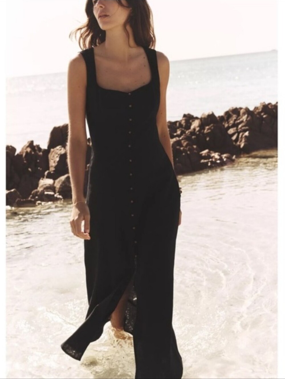 ZARA LINEN BLEND MIDI DRESS BUTTON DETAIL BLACK XS